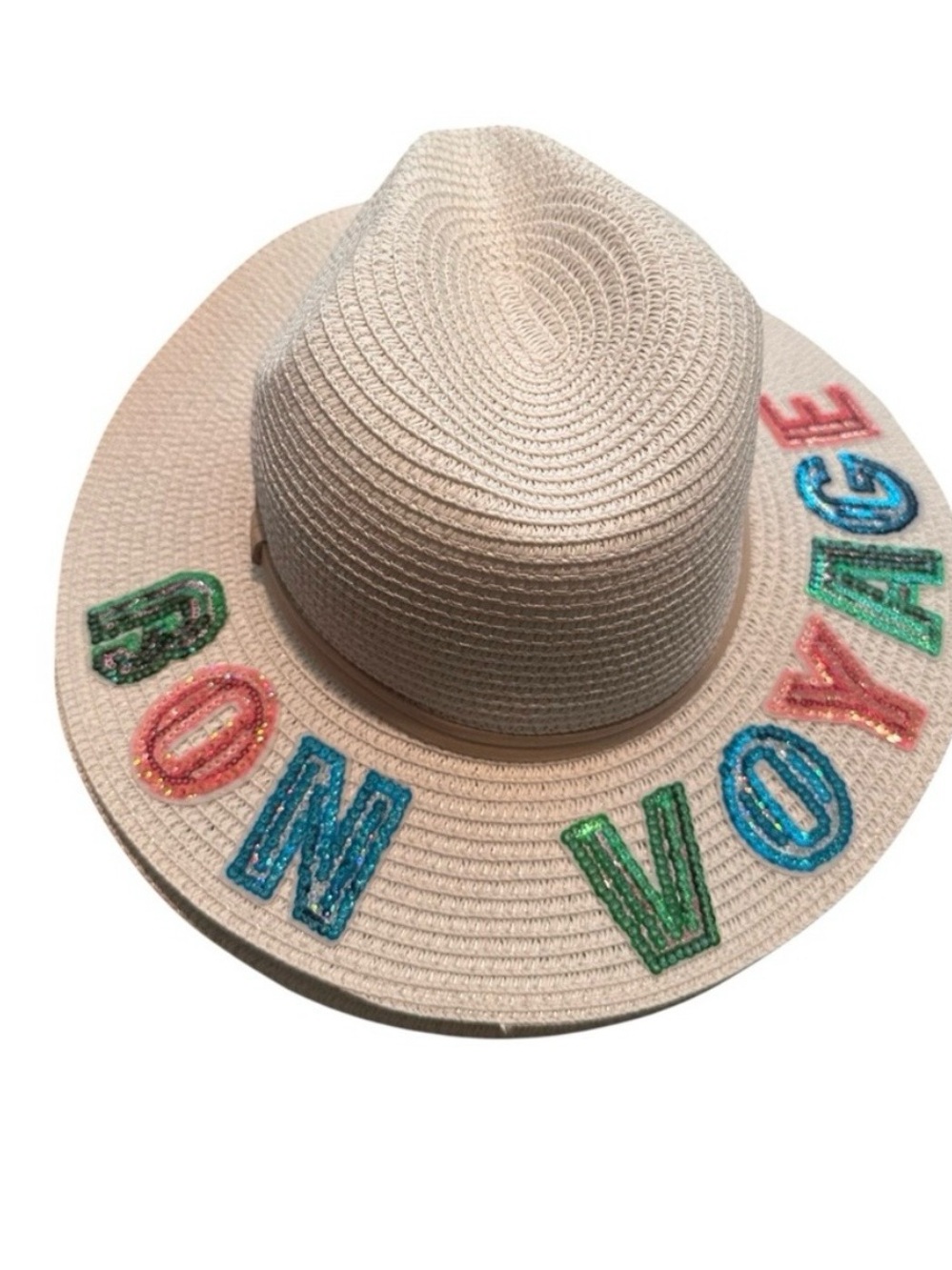 New Straw Sun Hat with Colorful 'Bon Voyage' Embroidery - Women’s Accessories